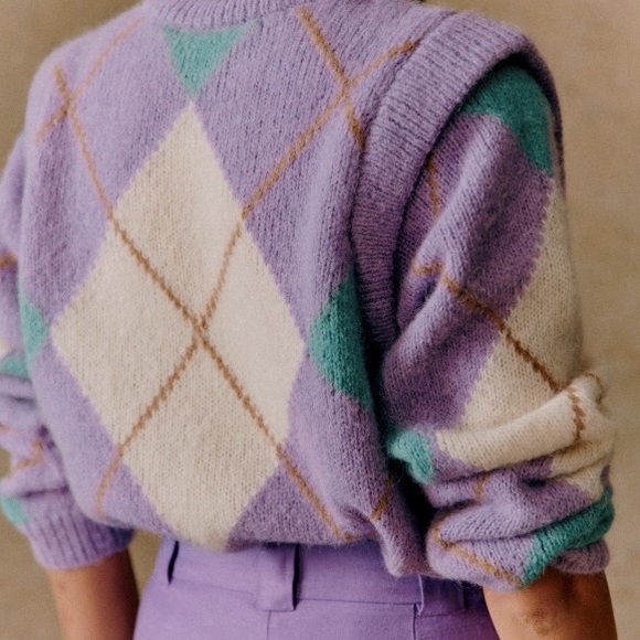 SEZANE Women’s XXS Edward Jumper Alpaca Blend Sweater Argyle Harlequin Pastel - Picture 2 of 7